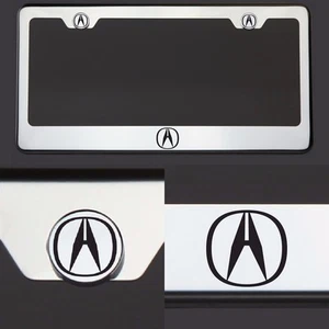 T304 SS Chrome Acura Logo Black Letter Laser Etched Engraved License Plate Frame - Picture 1 of 6