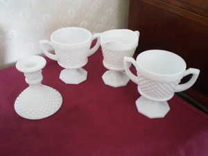 4 PC WHITE MILK GLASS WESTMORELAND ENGLISH HOBNAIL DIAMOND CREAMERS SUGAR CANDLE - Picture 1 of 9