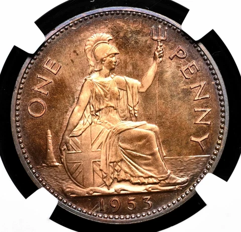 GREAT BRITAIN. 1953 Elizabeth II Coronation Proof Penny, NGC PF64 RB Cover