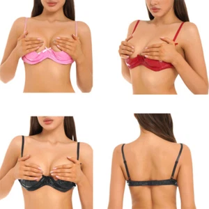 Womens Patent Leather Underwired Push Up Shelf Bra Top Bralettes Sexy Lingerie - Picture 1 of 34