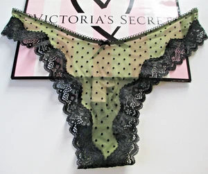 VICTORIA'S SECRET Tease Green Mesh Dot High Leg Thong Panty VS Black Lace M L XL - Picture 1 of 5