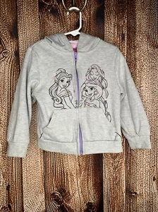 Disney Princess Girl’s Gray Zip Up Hoodie Size 5 Belle Jasmine & Rapunzel EUC - Picture 1 of 4