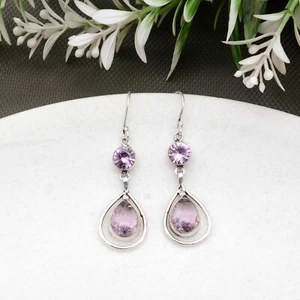 Embellished Rose Quartz Gemstone Earrings 925 Sterling Silver Earrings Gift Her - Picture 1 of 7