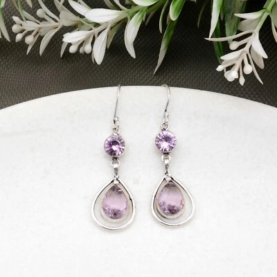 Pendientes de piedras preciosas de cuarzo rosa adornadas de plata de ley 925 pendientes de regalo para ella Foto 1 de 4