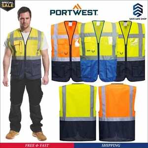 PORTWEST Hi Vis Viz Warsaw Executive Vest With Multi Pockets And ID Holder C476