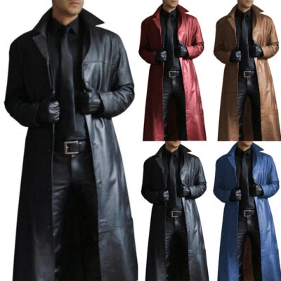 Men Leather Trench PU Long Coat Single Breasted Lapel Slim Windbreaker Jacket C - Image 1 of 4