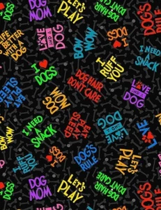  BTY Dog's Rule I Love Dogs testo BOW WOW tessuto cotone nero da cortile - Foto 1 di 2