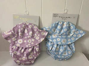 Tahari Baby Sonnenhut & Schwimmwindel NEU 12M, 2-teiliges Set rosa & blaue Blumen UPF 50+ - Bild 1 von 12