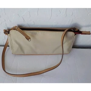 Vintage Y2K Tommy Hilfiger Handgelenk Schulter kleine Handtasche beige Reißverschluss Canvas Leder - Bild 1 von 5