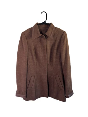 Carlisle Blazer 夹克女式 10 棕色丝绸纹理编织单排扣 — 第 1/4 张图片