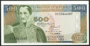 Kolumbien, El Banco de la Republica, 500 Pesos, 20. Juli 1977, Pick 420a, UNC - Bild 1 von 2