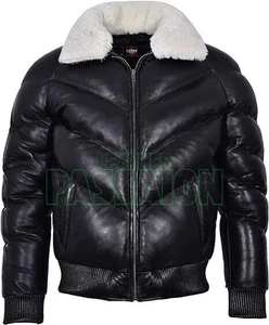 Men’s Black Real Leather Puffer Jacket –Removeabl Fur Collar Warm Bomber Jacket - Picture 1 of 5