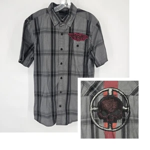 Harley-Davidson Shirt Mens Medium Plaid Motor Clothes Skull Patch Biker Western - Picture 1 of 15