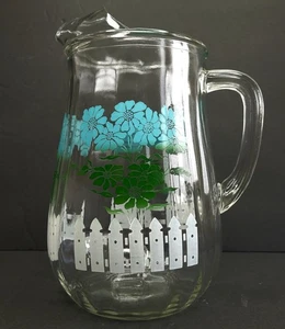 Anchor Hocking Fire King Forget Me Not Ice Lip Pitcher Blue Flowers Picket Fence - Picture 1 of 4
