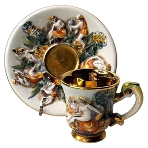Keramos R Capodimonte Demitasse TEA CUP & SAUCER Grape Harvest Espresso Gold VTG - Picture 1 of 8