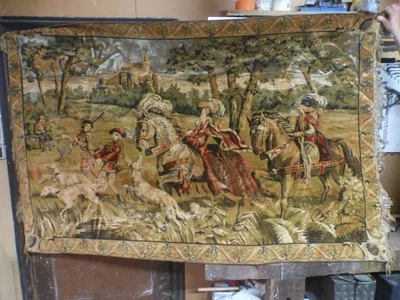 très Grande ancienne Tapisserie tissée An 1950 scène de chasse 194 x 126 cm - Photo 1/4