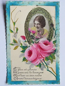 04C16 CPA . Tarjeta Postal Fantasía Medallón Retrato Mujer Flores Rosas Pintado - Imagen 1 de 2