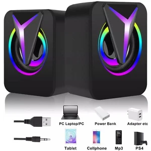 USB Wired Computer Speakers Colorful RGB LED Stereo 3.5mm For PC Laptop Desktop - Afbeelding 1 van 17