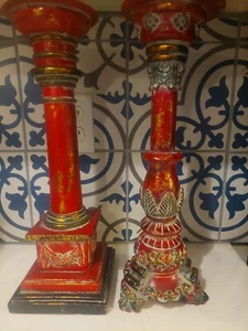 Coppia portacandele alti decorati rosso e oro look vintage asiatico 16" - Foto 1 di 15