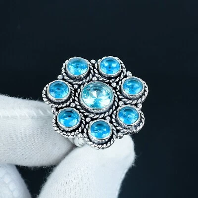 Bello Topazio Blu 925 Argento Sterling Gemma Anello a Fiore Fatto Mano Gioielli - Immagine 1 di 4