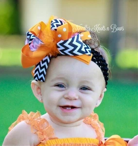 Girls Orange & Black Halloween Over the Top Hair Bow, Halloween Headband - Picture 1 of 14