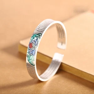 I03 Armspange gewölbt bunte Lotusblume Herz-Sutra Silber 999 buddhistisch - Bild 1 von 3