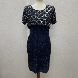 Vintage Stenay Seidenkleid Damen 6 blau silber perlenfarbene Pailletten gerahmt formell - Bild 1 von 13