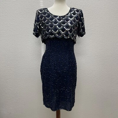 复古 Stenay 真丝连衣裙女式 6 蓝色银色串珠亮片扇形正式 — 第 1/4 张图片