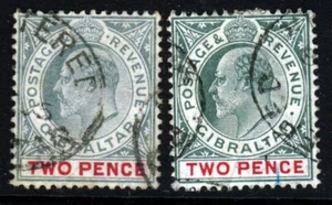 GIBRALTAR KE VII 1905-07 Two Pence MCCA Chalk & Ordinary Papers SG58 & 58a VFU - Picture 1 of 2
