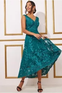 QUIZ SIZE 12 EMBROIDERED DIP HEM EVENING PARTY COCKTAIL WEDDING GUEST DRESS TEAL - Picture 1 of 5