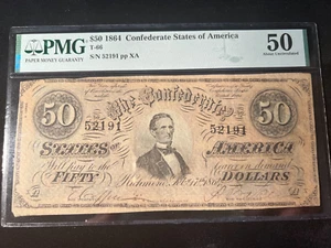 1864 $50 CONFEDERATE STATES OF AMERICA T-66 PMG 50 - Picture 1 of 2