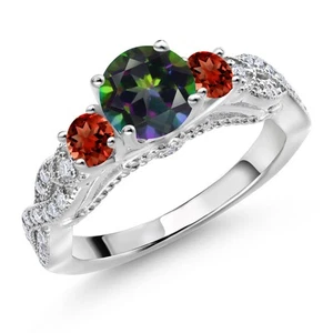 925 Sterling Silver Green Mystic Topaz Garnet and White Moissanite Engagement - Picture 1 of 5