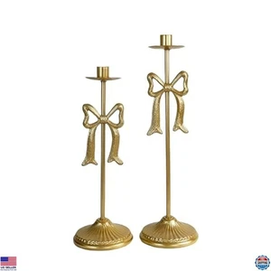 Eleganter Kerzenständer mit Goldschleife 2er Set - Kerzenständer mit Eisenkegel für Deko - Bild 1 von 7