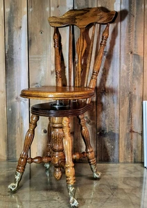 Vintage Glaskugel Krallenfuß verstellbar Eiche Klavier Drehhocker Stuhl Hochlehner - Bild 1 von 17