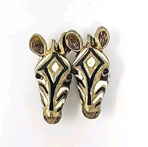 Vintage Safari Lover Clip On Zebra Head Earrings unsigned Enameled on Gold Tone - Picture 1 of 5