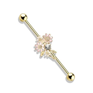 CZ And Enamel Flower Bouquet Gold Steel Industrial Barbells 14g 1&1/2" - Picture 1 of 8