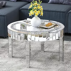 60cmSparkly Crystal Inlay Mirrored Coffee Table Modern Round Silver Accent Table - Picture 1 of 18