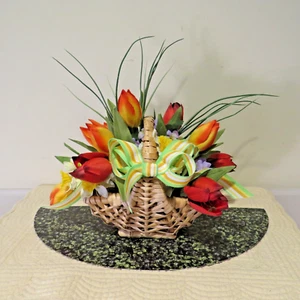 Floral Spring Basket of Artificial Tulips Daffodils & Forget-Me-Nots Tabletop - Picture 1 of 7