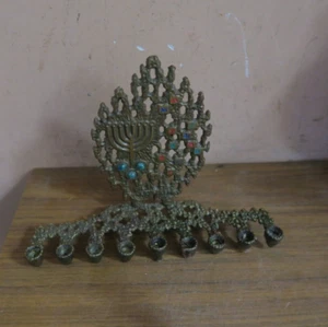 Vintage Mid Century Hen Holon Menorah Hanukkah Brass Enamel Eilat Stone Israel - Picture 1 of 5