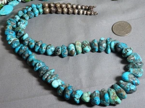 RARA vecchia collana TURCHESE MORENCI pepite argento sterling PERLE NAVAJO 23,5" - Foto 1 di 14