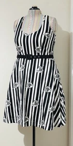 City Chic Plus Size S 16 Dress Black White Stripe Floral Fit & Flare Belt Pocket - Picture 1 of 6