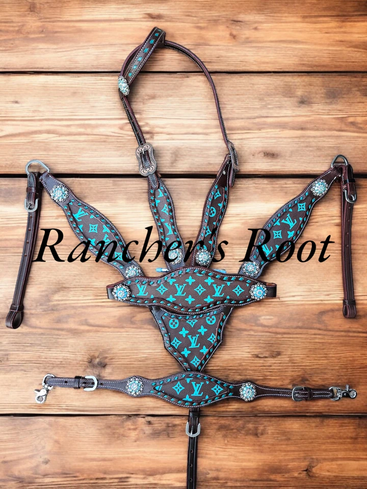 Juego de tachuelas de cuero Western | Juego de tachuelas de gladiador turquesa para caballo Foto 1 de 3