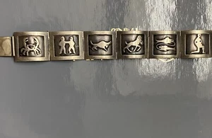 Vintage Detailed Taxco Sterling Silver Zodiac (6 Months) Panel Link Bracelet - Picture 1 of 9