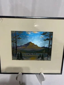 Vintage Foil Art-Metallic Mointain w/Bird Flock- Framed & Matted 11.5” x 13” - Picture 1 of 7