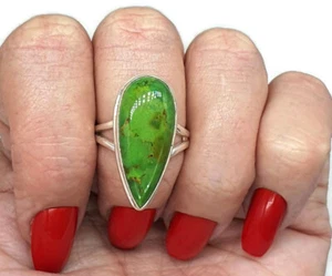 Green Mojave Turquoise Ring, Size 7.75, Sterling Silver, Pear Shaped, Protection - Picture 1 of 6