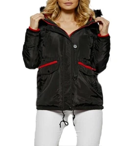 Mujer Negro y Rojo Imitación Piel Capucha Acogedora Dos Tonos Anorak Chaqueta Invierno Abrigo Sudadera con Capucha - Imagen 1 de 8