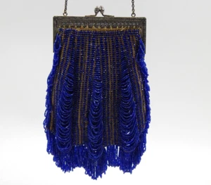 ANTIQUE 1920s ART DECO Flapper Micro Beaded Royal Cobalt Blue Evening Bag Purse - Picture 1 of 24