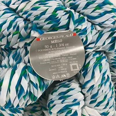 Винтажный Georges Picaud Melo новинка пряжи синий зеленый с белой лентой лот из 9 Hanks - Изображение 1 из 4