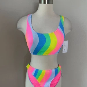 NEW Hurley Womens Small Soft Waves 2 Piece Bikini Set Rainbow Stripe Swimsuit - Picture 1 of 10