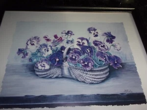 PANSIES BASKET PRINT -MEG MCCARTHY - CAROUSEL UNLIMITED - USA 21" x 18" - Picture 1 of 8